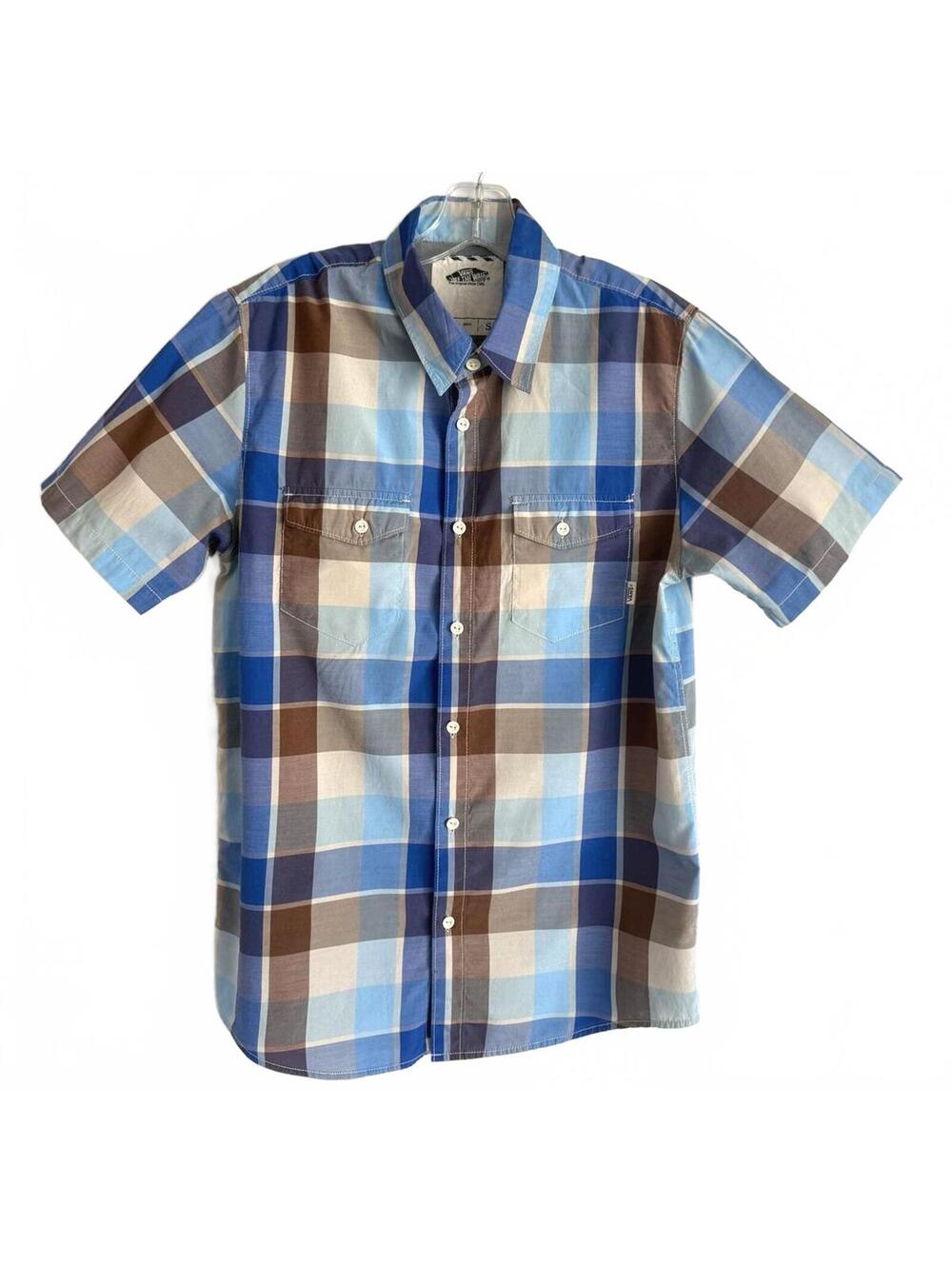 Vans Off The Wall Plaid Short Sleeve Button Up Shirt Size S Blue Brown